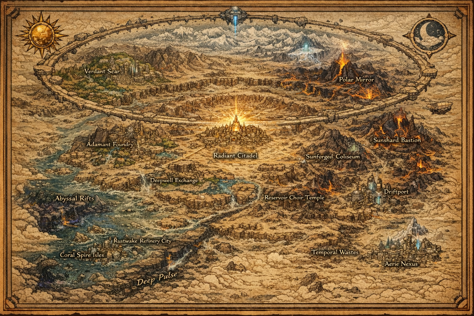 Concept map of Araxia showing the world regions and major landmarks